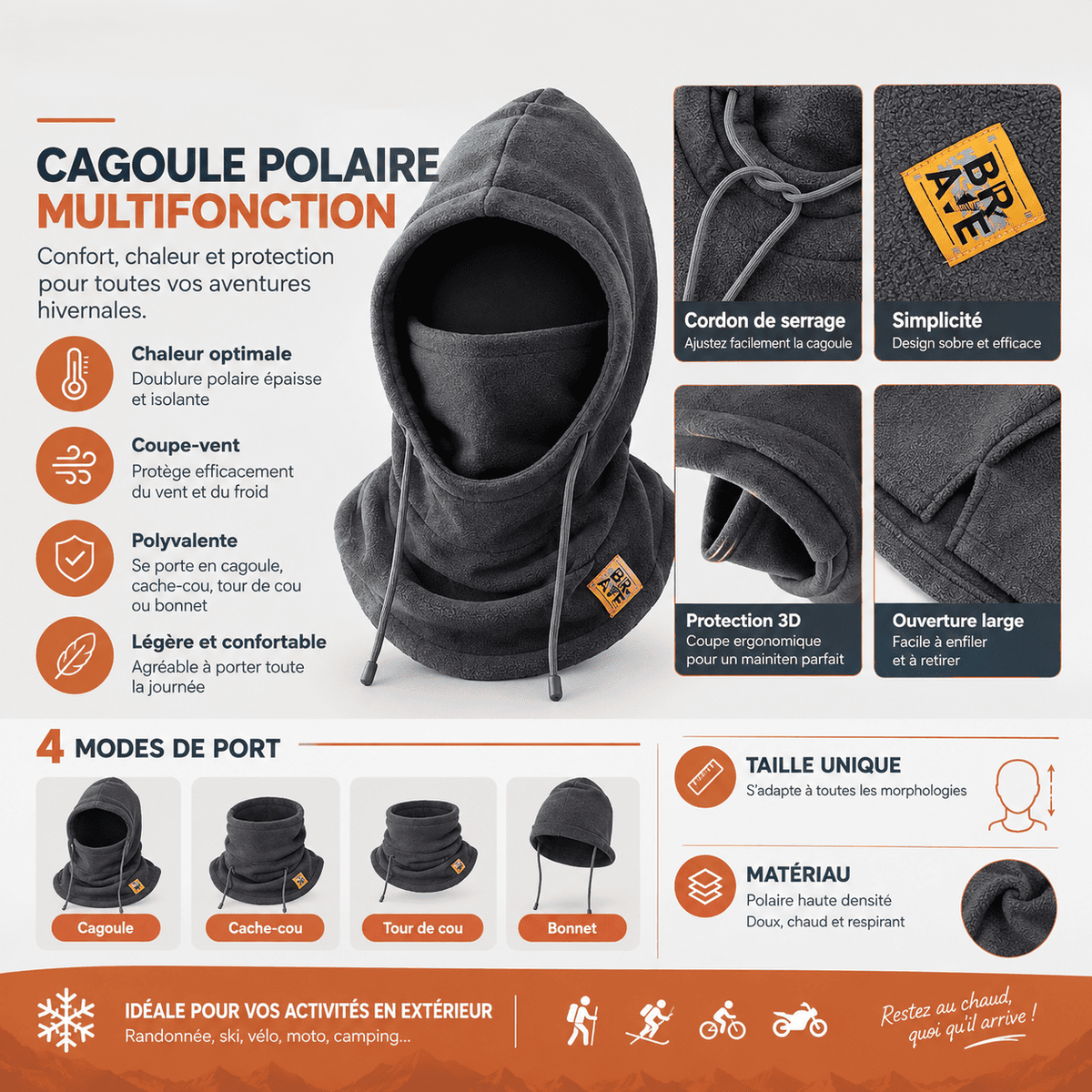 Cagoule polaire vélo & rando | capuche chaude avec cordon de serrage