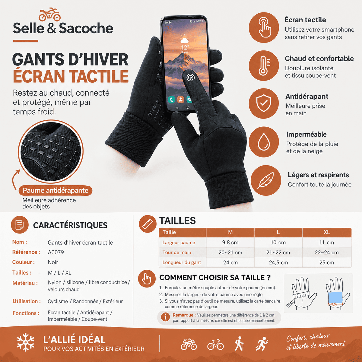 Gants de vélo et randonnée hiver | chauds, tactiles et antidérapants