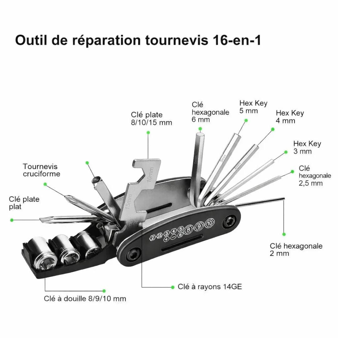 Kit de réparation vélo 16 en 1 avec démonte-pneus