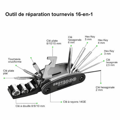 Kit de réparation vélo 16 en 1 avec démonte-pneus