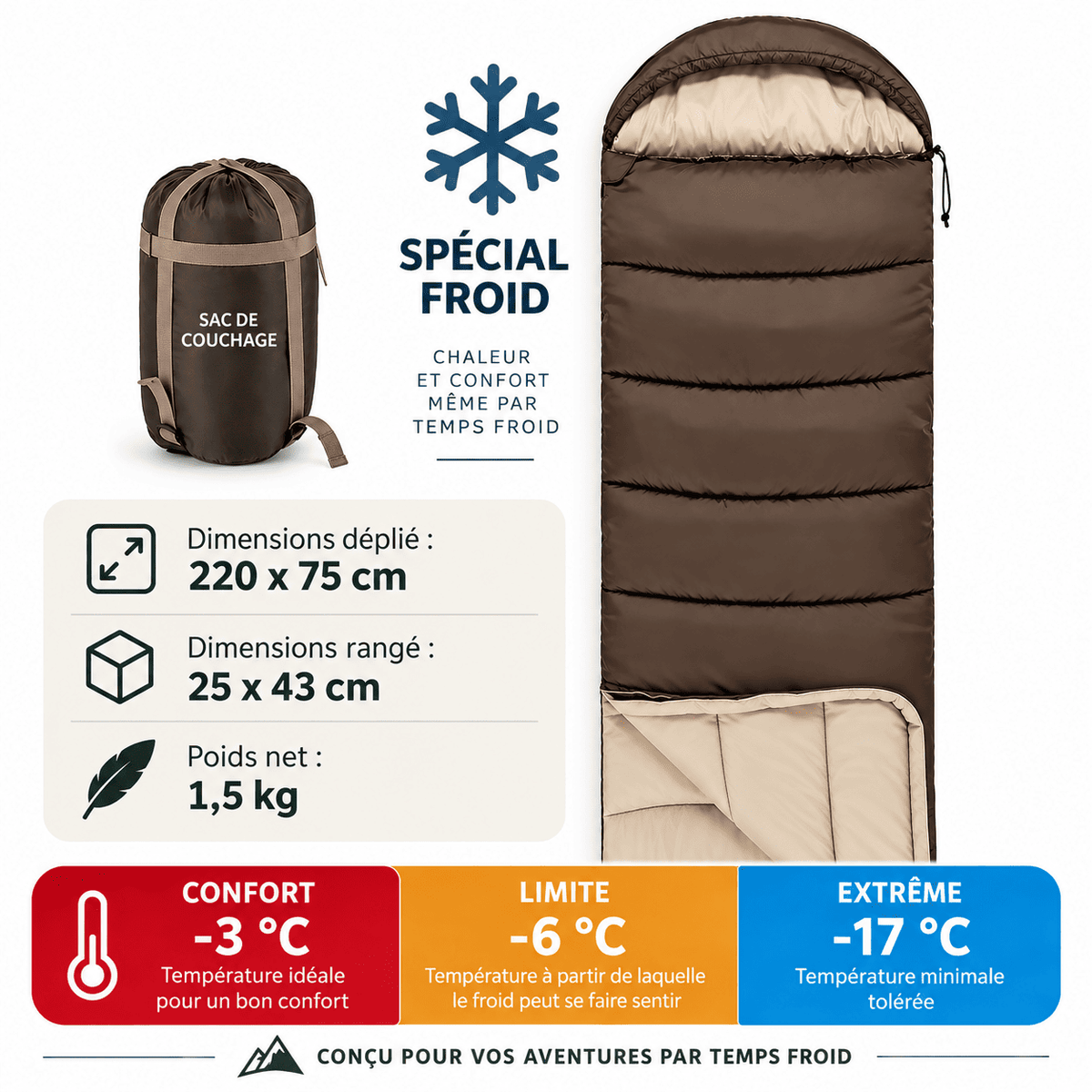 Sac de Couchage Grand froid extrême Bivouac, Trekking en montagne | Imperméable -3°C