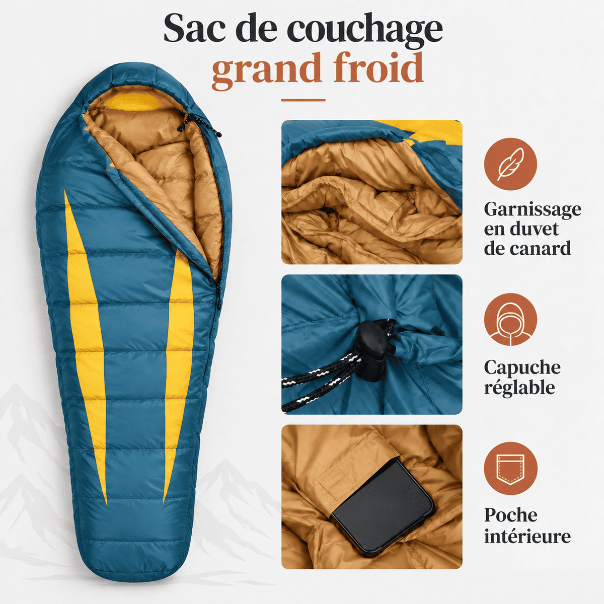 Sac de couchage extrême froid | Duvet de canard, forme momie, -5°C à -20°C