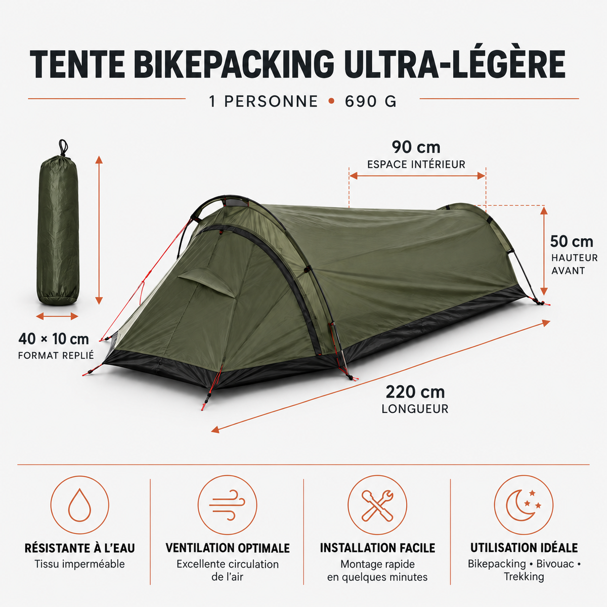 Tente vélo Bikepacking, Bivouac, Trekking de 1 place Ultra légère | 690g