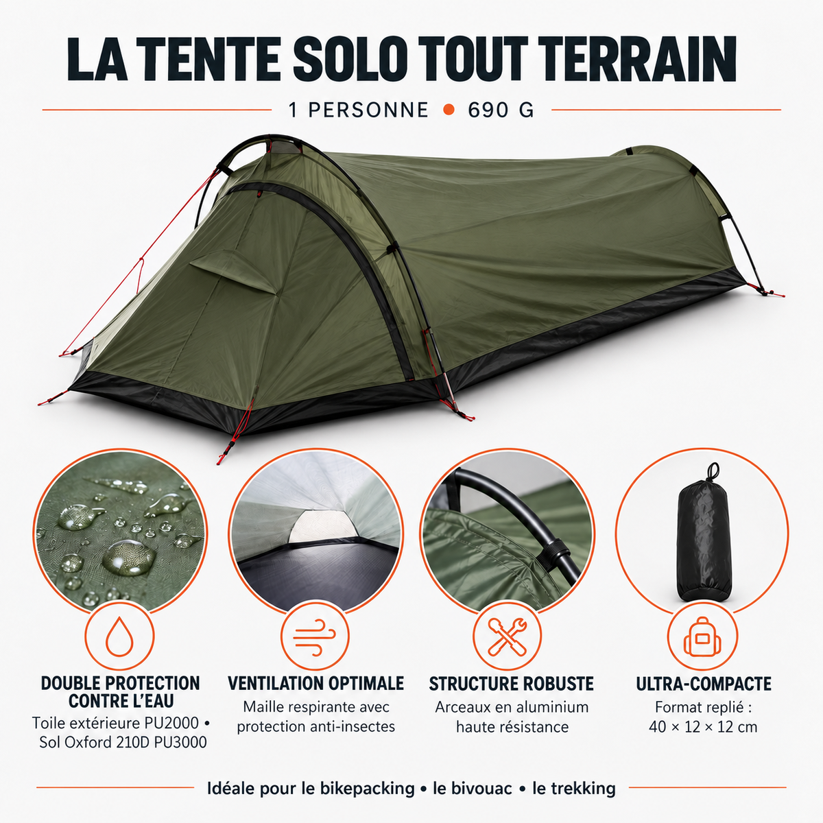 Tente vélo Bikepacking, Bivouac, Trekking de 1 place Ultra légère | 690g