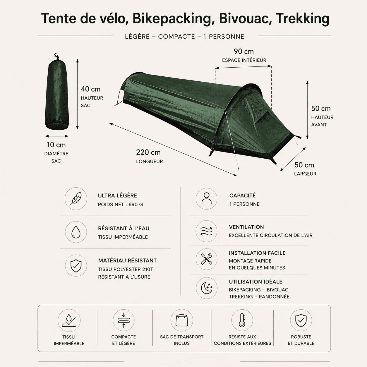 Tente vélo Bikepacking, Bivouac, Trekking de 1 place Ultra légère | 690g