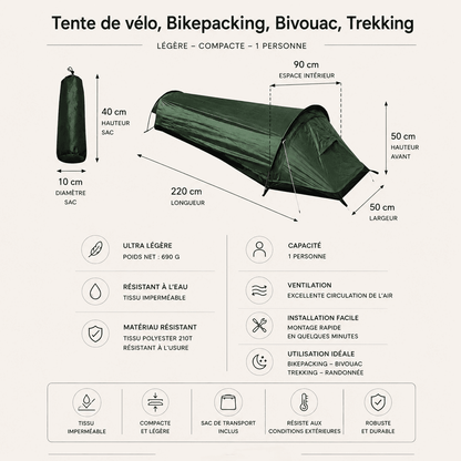 Tente vélo Bikepacking, Bivouac, Trekking de 1 place Ultra légère | 690g
