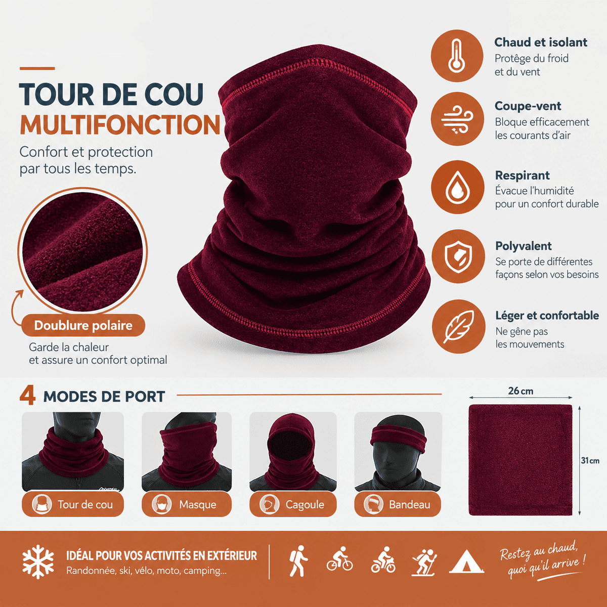 Tour de cou thermique hiver | cache-cou et visage pour vélo et randonnée
